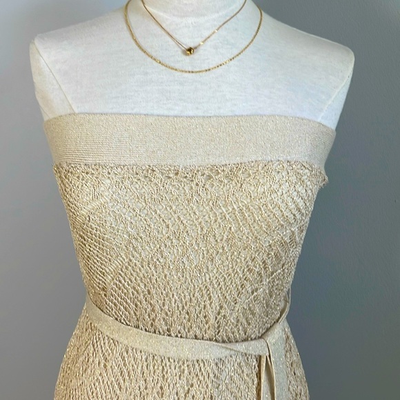 NWOT  bebe Metallic Gold Mini Crochet-Knit Halter A-Line Belted Dress, Size M - Picture 2 of 16